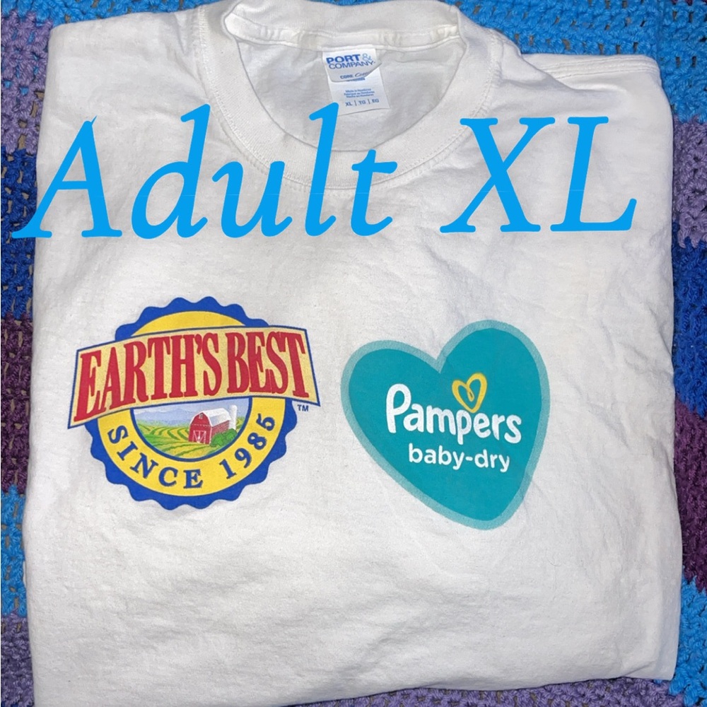 White Graphic T-Shirt with Earth's Best and Pampers Logos